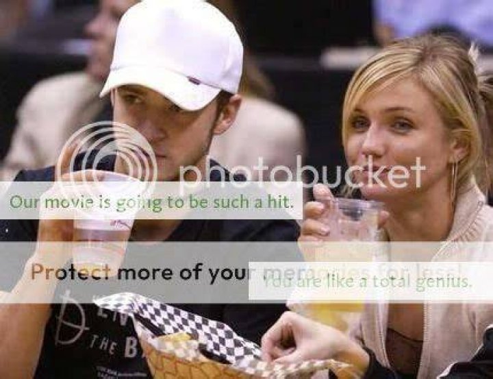 Cameron and Justin drinking beer at a basketball game. Justin's caption reads: our movie is going to be such a hit. Cameron's caption reads: you are like a total genius
