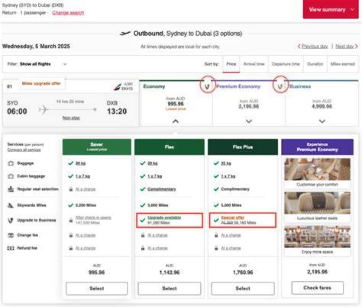 How much does an upgrade on Emirates cost?
