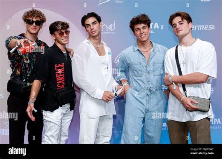  (L-R) All The Elevator Boys members Tim Schaecker, Luis Freitag, Bene Schulz, Jacob Rott and Julien Brown with Brent Rivera (third from left).